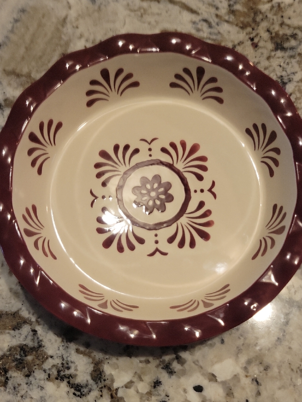 Croton Cream and Burgundy Ceramic Serving Bowl / Pie Dish with Floral Motif